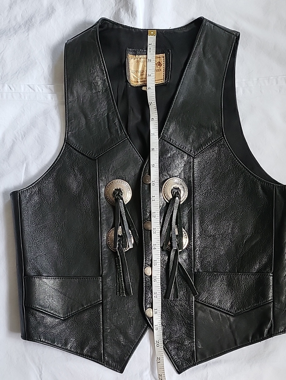 Espinozas Black Leather Vest with Concho Tassel Details Size S - Picture 6 of 9